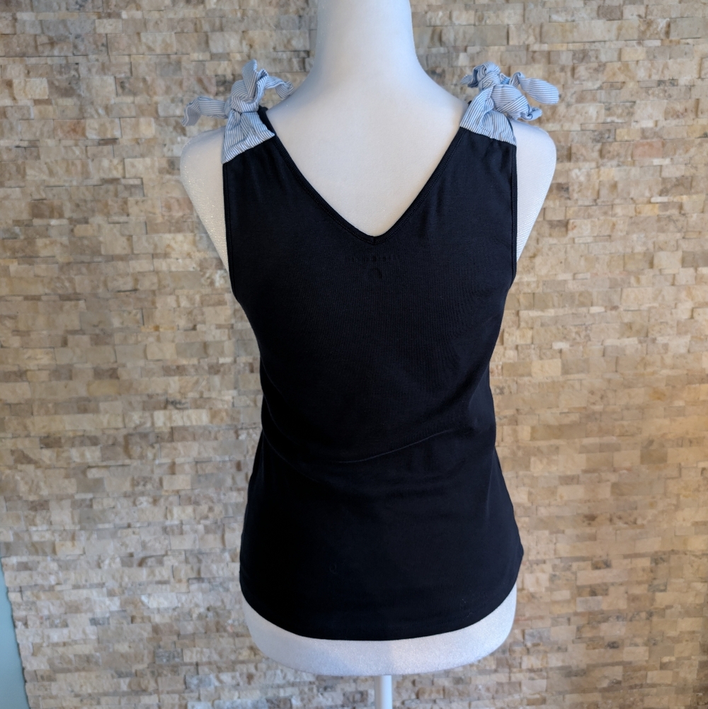 Tommy Hilfiger Navy V Neck Tank Top Striped Tie Shoulder 100% Cotton Sz S Preppy